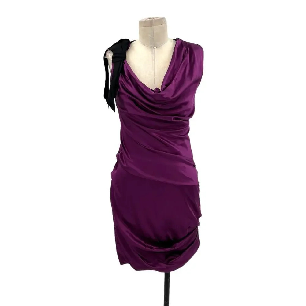 Vera Wang Bodycon Mini Dress Sleeveless Satin Tie Sleeve‎ Draped Purple Size 2